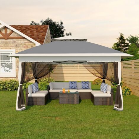 Tonnelle Jardin Exterieur, Tente Pliable 3x3m, Verrouillage Central One-Push, Hauteur Réglable, Anti-Moustique, Etanche, Gris