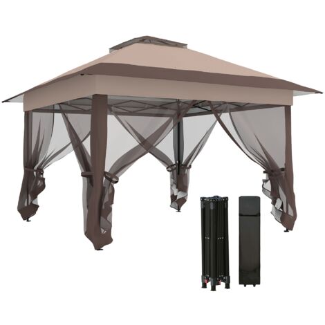 Tonnelle jardin pliable chapiteau acier moustiquaire polyester sac transport à roulettes montage rapide événement extérieur marron kaki robuste