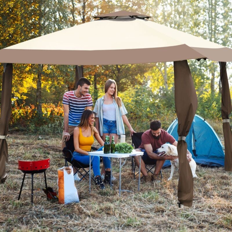 Tonnelle Jardin Pliante 395x395cm Toit 2 Niveaux Imperméable 3 Hauteurs Café CW55259