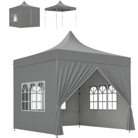 Tonnelle jardin tente pliante 3x3 m, 4 parois latérales amovibles, 3 fenêtres, hauteur réglable, sac transport, gris.