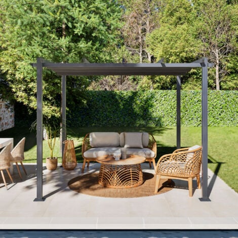 Tonnelle/Pergola aluminium 3x3m toile coulissante rétractable - Gris - BERCY