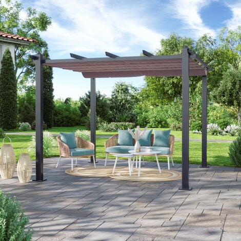 Tonnelle/Pergola aluminium 3x3m toile coulissante rétractable - Gris Taupe - HERO