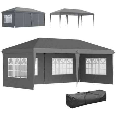 Tonnelle pliable escamotable étanche 585x295x270 cm gris 4 parois latérales fenêtres protection UV sac de transport