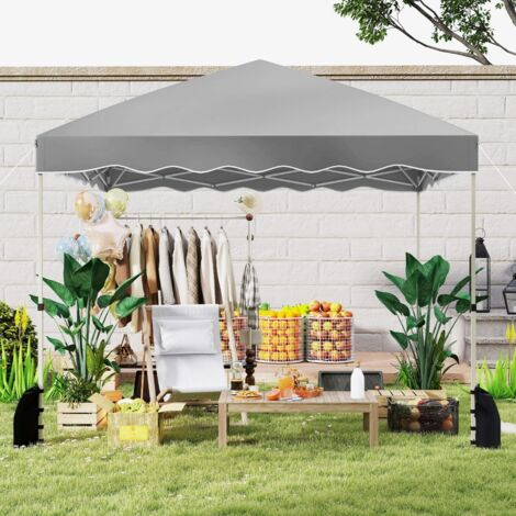 Tonnelle Pliante 3 x 3 M Abri Extérieur Portable et Pliable avec Sac à Roulettes 8 Piquets 4 Ancrages 4 Cordes Coupe-vent Gris