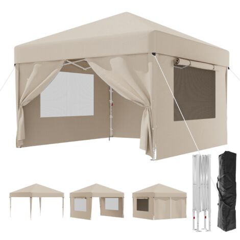 Tonnelle Pliante 3x3m avec Protection Insectes & Ventilation｜Stores + Fenêtres Aérées｜Montage Express 1 Minute, Beige