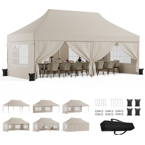 Tonnelle Pliante 3x6m à Toit Pointu｜Design Breveté, +40% Résistant au Vent & à la Pluie｜Hauteur Intérieure Supplémentaire, Beige