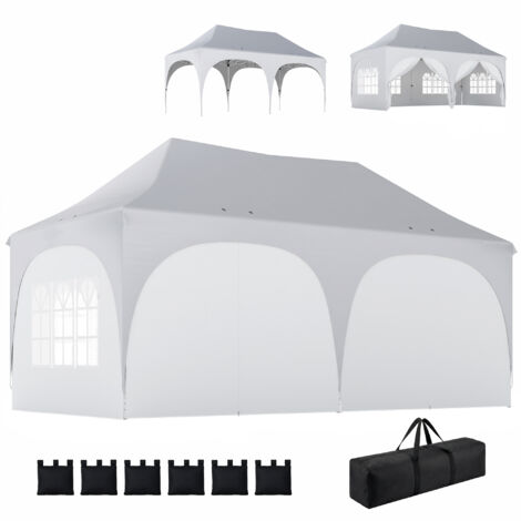 Tonnelle pliante barnum imperméable anti-UV 6 parois latérales 6 sacs de lest 12 orifices d'évacuation 3x6m blanc