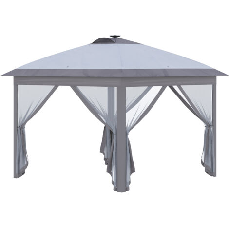 Tonnelle pliante de 3,3 x 3,3 m avec éclairage LED et USB, montage instantané, panneaux latéraux en filet, protection solaire, toile Oxford grise, idéale pour les garden-parties