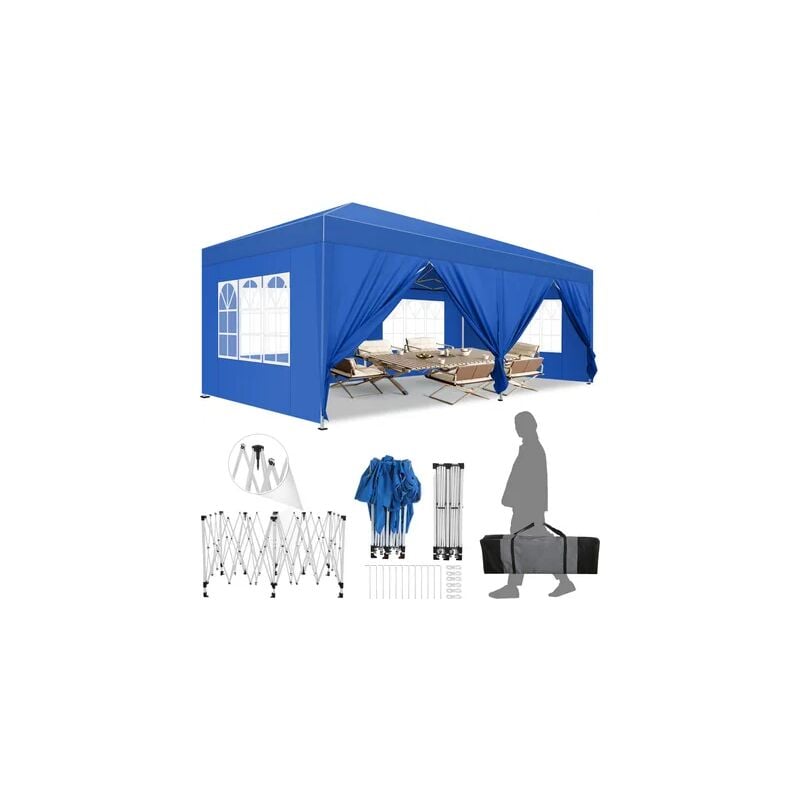 Tonnelle Pliante de Jardin 3x6M Imperméable Anti-UV Réglable, Barnum pliant renforcé de 6 parois, avec sac de transport et 4 sacs de sable pour