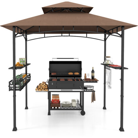 Tonnelle pour Barbecue 242 x 153 cm, 2 Etagères Latérales, Panier de Rangement, Crochets de Suspension, Décapsuleur, Events, Marron