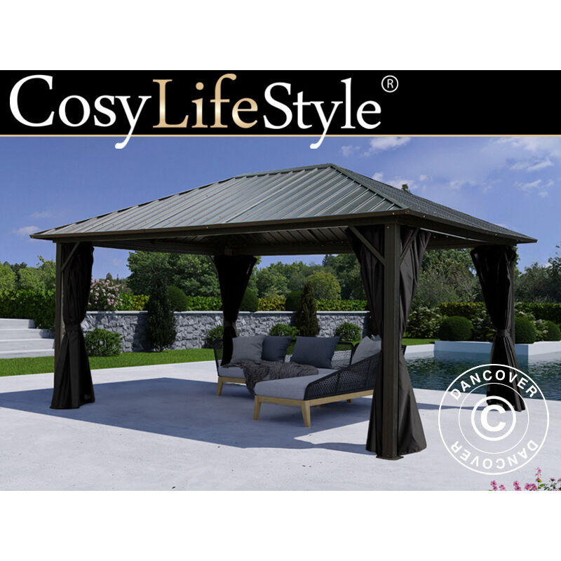 Tonnelle San Bernardino avec rideaux et moustiquaire, 3,65x4,85m,