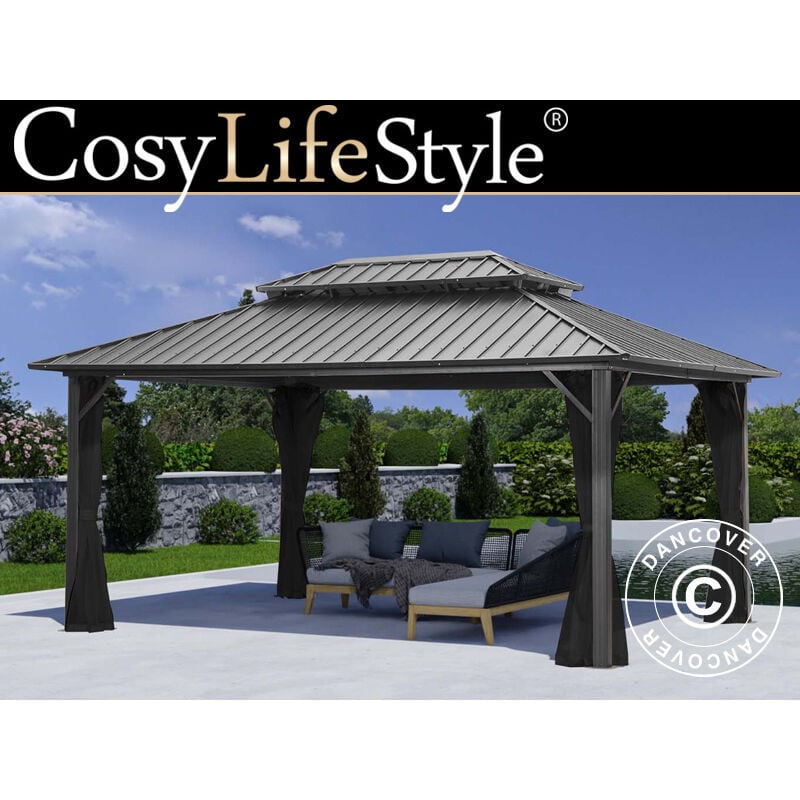 Dancover - Tonnelle San Francisco avec rideaux et moustiquaire, 3,65x4,85m,