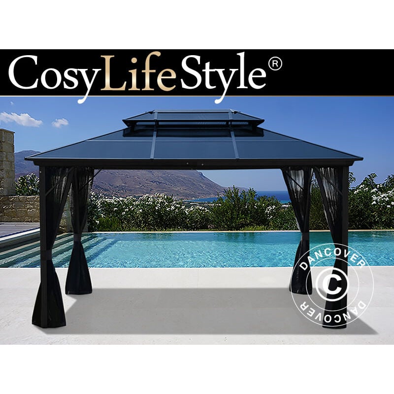 Tonnelle Santa Ana avec rideaux et moustiquaire, 3x4m, Noir