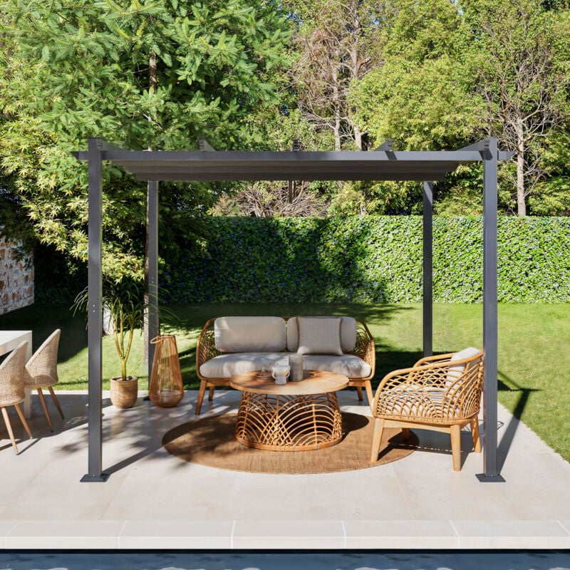 Avril Paris - Tonnelle/Pergola aluminium 3x3m toile coulissante rétractable - Gris - bercy