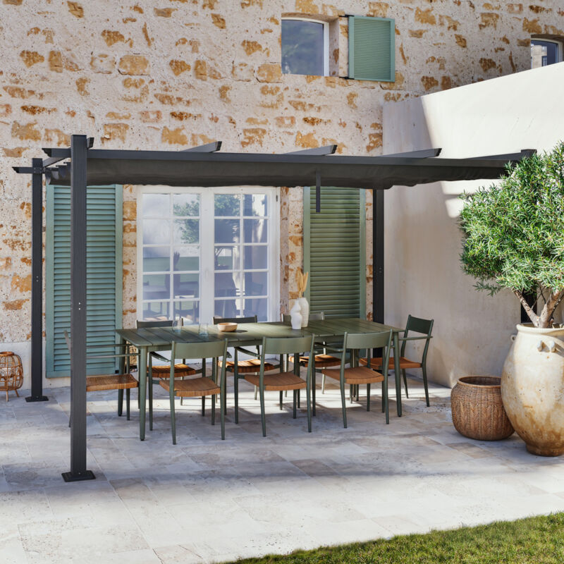 Tonnelle/Pergola aluminium 3x4m toile coulissante rétractable - Gris - BERCY XL