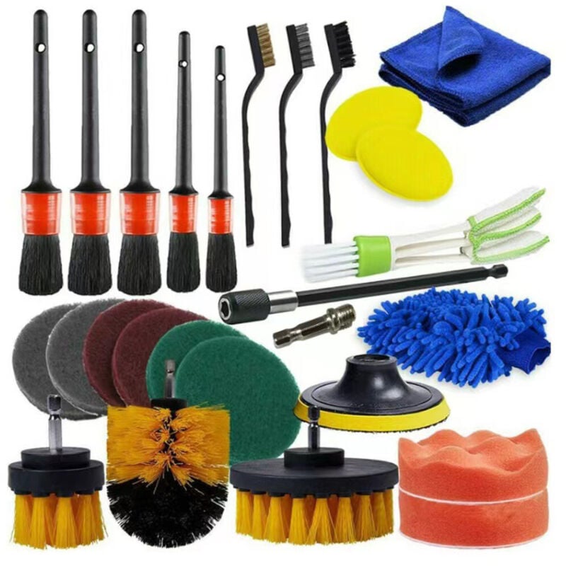 27 Kit Nettoyage Voiture avec Brosse Jante Voiture,Brosse Perceuse,Gant Microfibre Chiffon Microfibre Voiture,Brosse Métallique Nettoyage Voiture