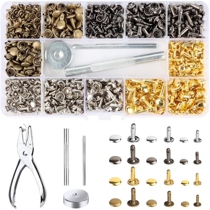 360 Pièces Rivets en Cuir, Tubulaire Rivet avec Outils Fixation et Punch Pince, Goujons Tubulaires en Métal pour Portefeuille, Craft diy - Tonysa