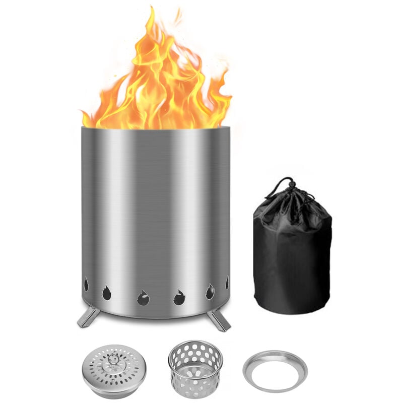 Brasero Exterieur de Jardin , Foyer sans fumée Acier Inoxydable 15x15x17.5cm Mini Corbeille à feu Tonneau de feu avec Pied et Sac de Rangement,