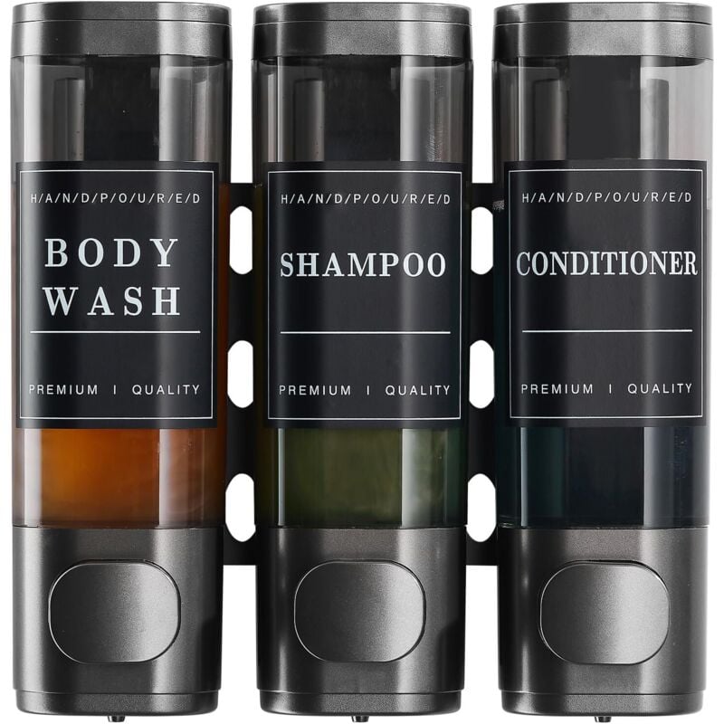 TONYSA Distributeur de Savon Mural, Distributeur Gel Douche, Distributeur Triple de Shampoing et Après-shampoing sans Perçage ABS pour Salle de Bain