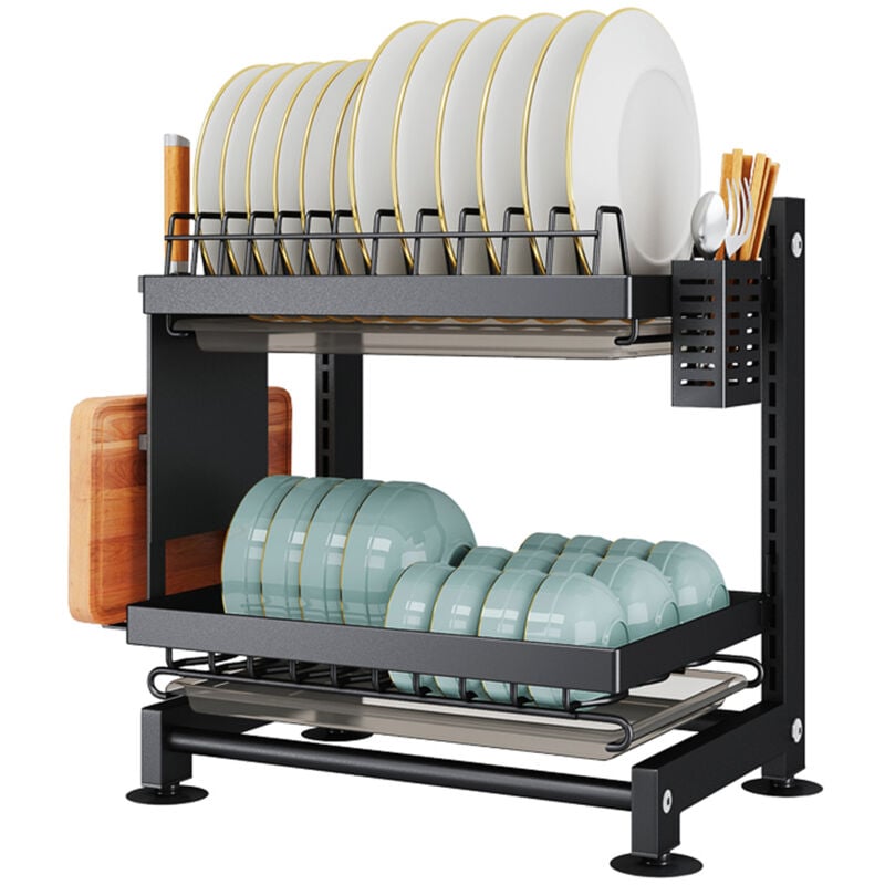 Gouttoir Vaisselle Cuisine, 2 Étages Égouttoir à Vaisselle inox avec Plateau Egouttement et Support pour Couverts, Égouttoir à Vaisselle de Grande