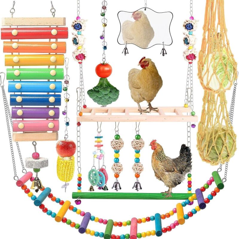 TONYSA Jouets pour poulailler, 12 pièces de jouets éducatifs pour poules, dont xylophone, balançoire, jouet miroir, échelle flexible, sac en filet