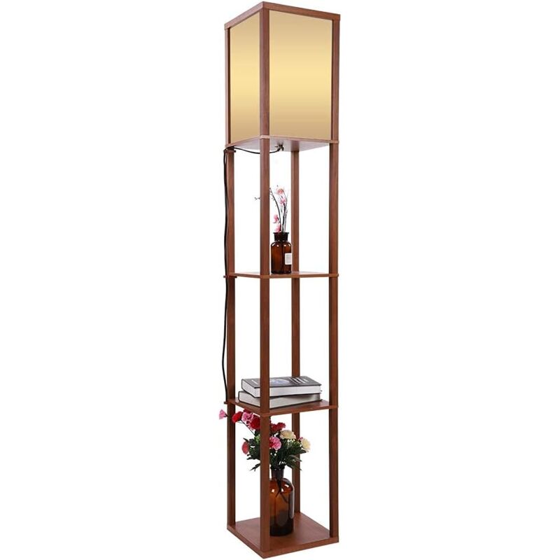 Tonysa - Lampadaire en Bois avec 3 Étagères 1,6 m Lampe de Sol Lampe Étagère avec une Lampe Intégrée pour Chambre, Salon, Couloirs, Tablettes de