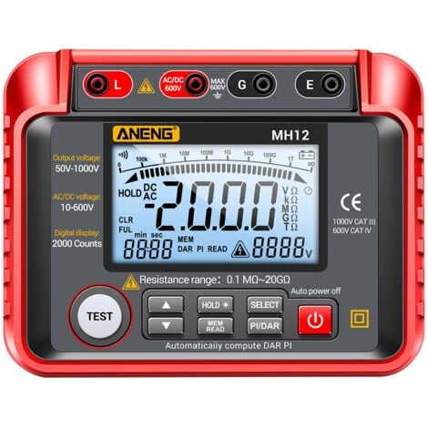 TONYSA Mégohmmètre Numérique Mégohmmètre Électronique Mesureur De Détection De Rétro-éclairage Mégohmmètre Testeur De Résistance D'isolement Lcd Écran Lcd Rouge