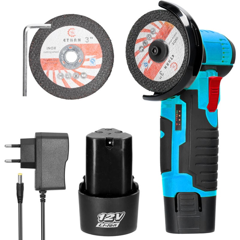 Mini Meuleuse D'Angle Sans Fil 19500RPM 12V Professional Disqueuse Sans Fil avec 2 batteries 1200mAh, 2 Disques à Tronçonner 76mm, Meuleuse d'angle