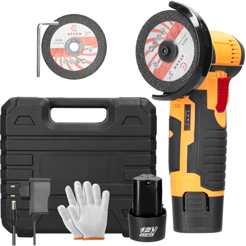 Mini Meuleuse D'Angle Sans Fil 19500RPM 12V Professional Disqueuse Sans Fil avec 2 batteries 1200mAh, 2 Disques à Tronçonner 76mm, Meuleuse d'angle