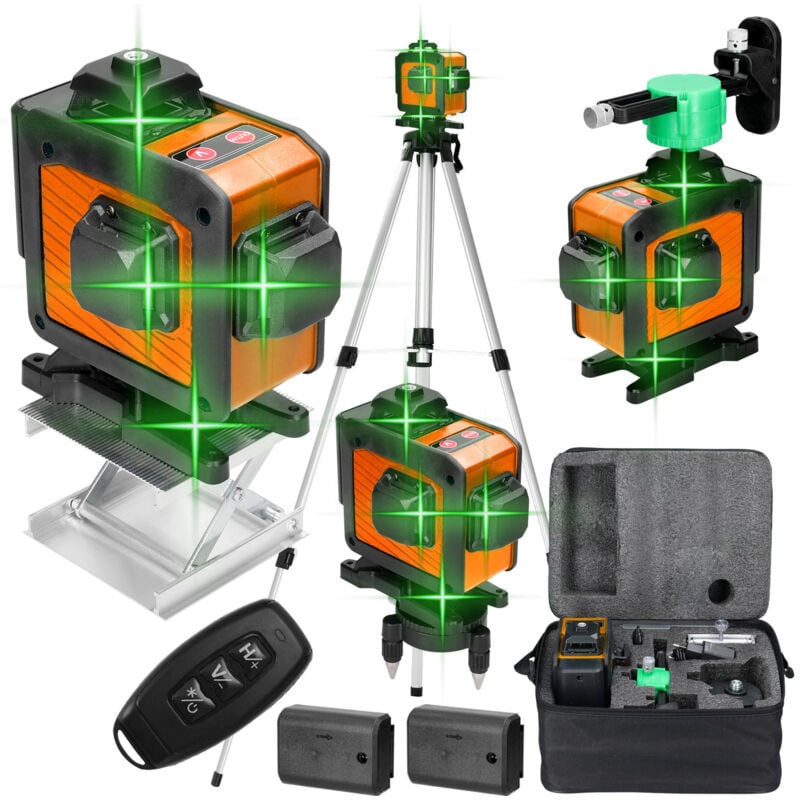 Niveau Laser 4 x 360 °, Niveau Laser Vert 4D 16 Lignes Niveau Laser Rotatif avec 2 x 1200mAh Batterie Réchargeable et Télécommande, Support