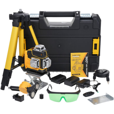 TONYSA Niveau laser de chantier autonivelant à 360°, niveau laser 4D 16 lignes, autonivelant et mode impulsion extérieur, 2 batteries, nivellement automatique, avec support pivotant, télécommande et a