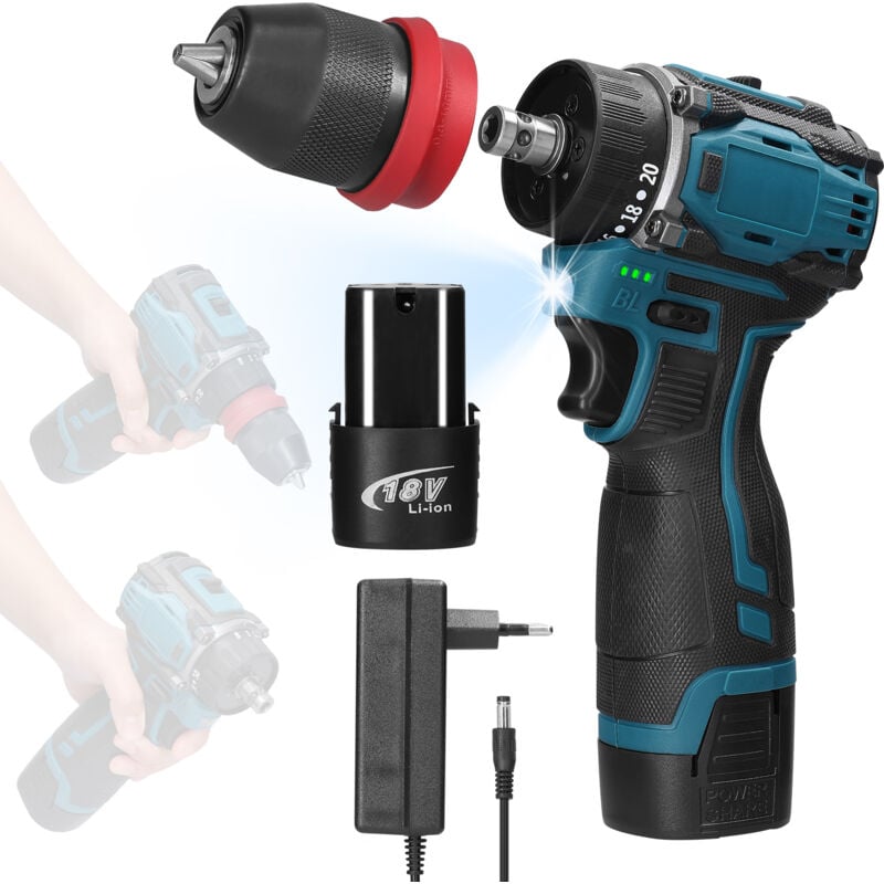 Tonysa - Perceuse Visseuse Sans Fil, 18V Visseuse Devisseuse avec 1 Batteries et Chargeur, 45Nm Perceuse Percussion, 20+1 Réglages de Couple, 2