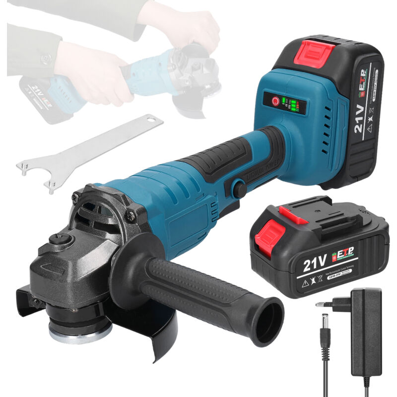 Professional Meuleuse d'angle Ø125mm,Meuleuse sans fil 21V, 2Batterie 1300mAh, Clé, pour le Meulage et la Coupe, Bricoleur, Électricien, Mécanicien