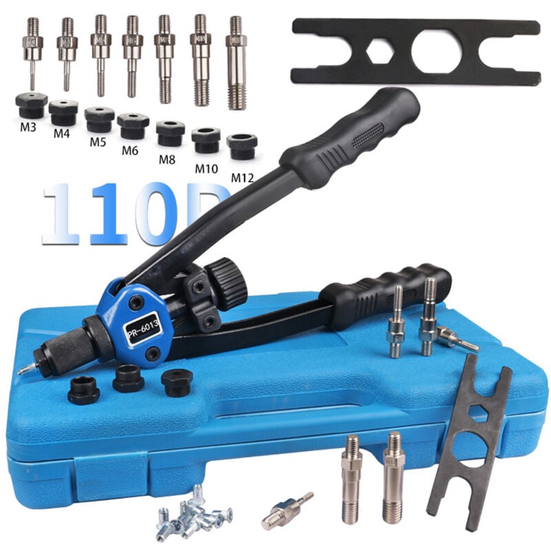 Tonysa - Remachadora manual y pistola para tuercas Alicates profesionales con insertos roscados con 110 tuercas y 7 mandriles M3-M12 Alicates para