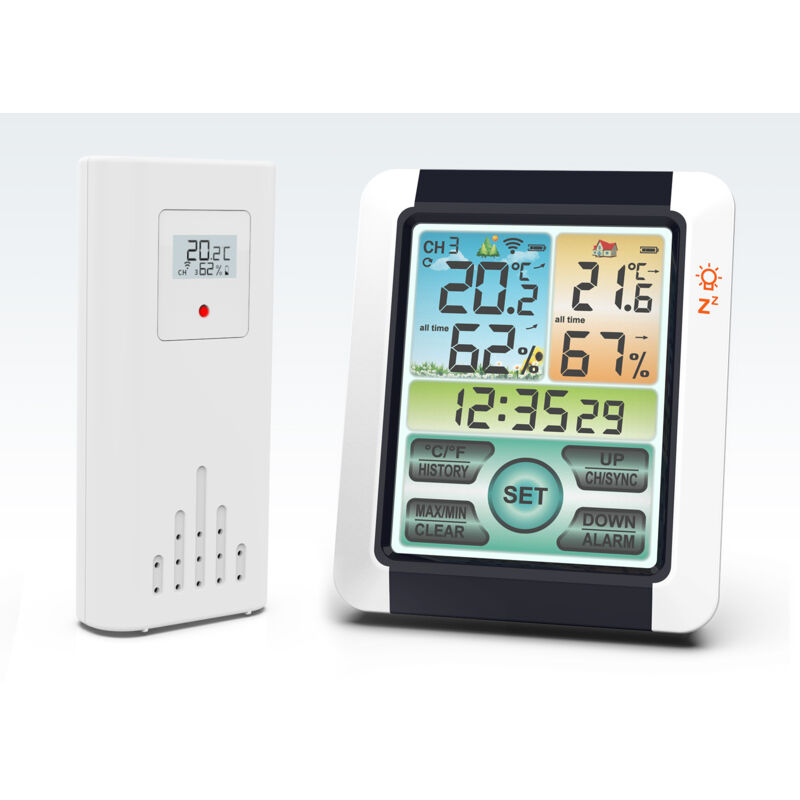 Station méteo numérique avec capteur extérieur Thermomètre, hygromètre, baromètre Horloge radio-pilotée avec alarme Prévisions météo animées Grand