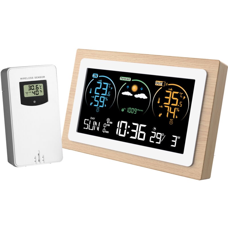 Tonysa - Station météo numérique sans Fil avec capteur extérieur – avec Heure, Date, température, humidité, baromètre, Alarme, Affichage des Phases