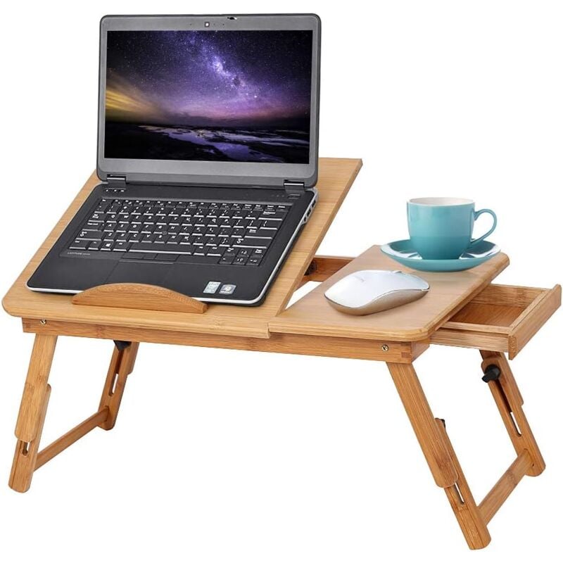 Gistuch Table de lit Pliable, Table d'ordinateur Portable en Bambou Hauteur réglable avec Tiroir Trous d'aération Bureau à Deux Fleurs Support de