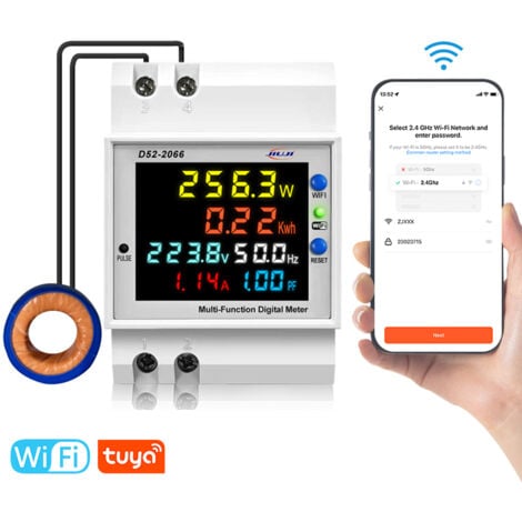 TONYSA WiFi Compteur d'Énergie Monophasé,AC 40-300V 100A Compteur Electrique 1 phasé Wattmètre Rail DIN Mètre Watt KWh Voltmètre Ampèremètre Avec Écran LCD, Adapté aux mesures de puissance