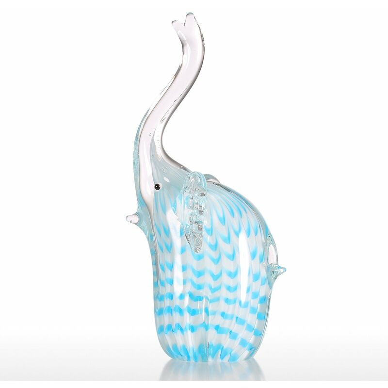

Tooarts - Adorno de cristal para regalo de elefante con rayas azules, figura de animal, soplado a mano, decoracion del hogar, azul y blanco