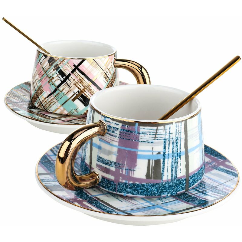 

Juego de taza y platillo de cafe, taza de te de ceramica, Cuchara de acero inoxidable 304, dos juegos en una caja - Tooarts