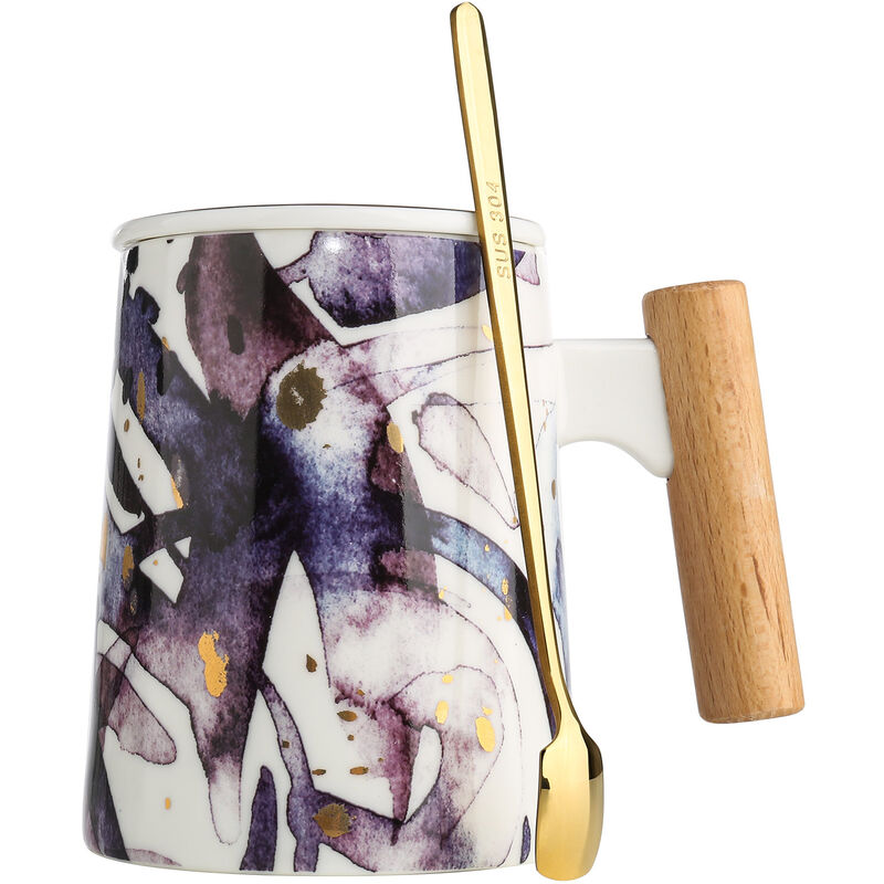 

Tooarts, Taza con tapa, Taza de te de ceramica Taza de cafe, con mango de madera Cuchara de acero 304, Purpura