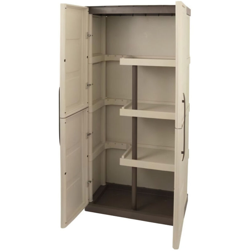 Tood - Armoire de rangement haute en résine avec porte-balai - 3 tablettes - Taupe/écru