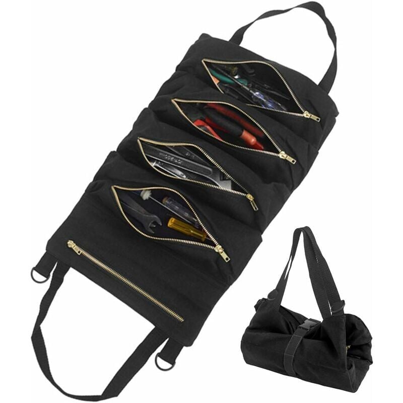 Hoopzi - Tool Bag with 5 Zippered Pockets, Portable Canvas Tool Bag, Tool Roll Auto Organizer Tool for Electrician, Plumber or Mechanic (Black)