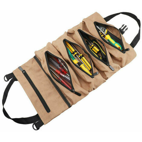 Canvas Tool Roll Bag, Compact Roll-up Tool Pouch With 5 Zipper