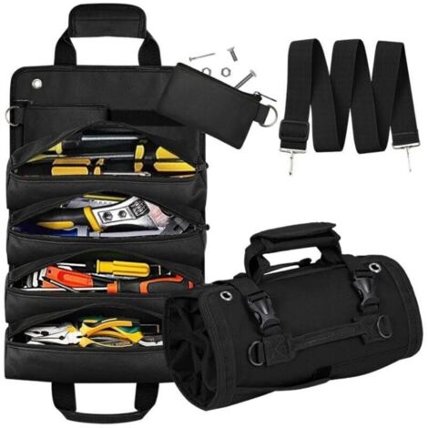 Tool Kit, Roll-Up Tool Kit, Tool Bag with 2 Removable Pockets, Multi-Purpose Bag with Strap, Ideal for Electricians and Plumbers - Black