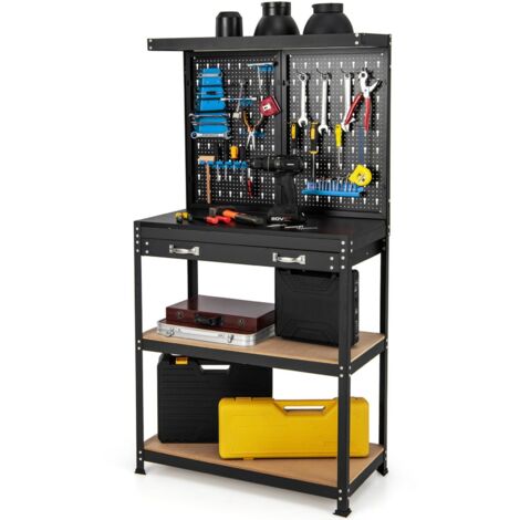 Tool Storage Workbench w/Pegboard Tool Organization Work Table w/Shelves Drawer