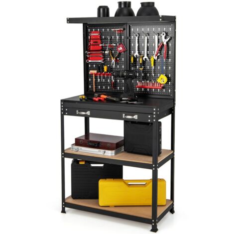 Tool Storage Workbench w/Pegboard Tool Organization Work Table w/Shelves Drawer