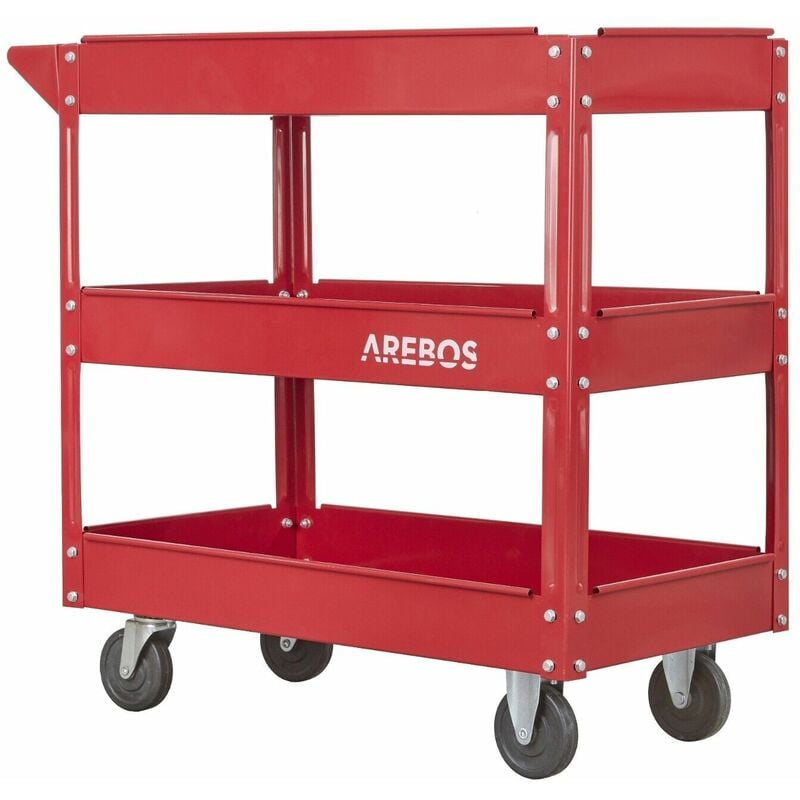 Arebos - Tool Trolley 3 Level Mobile Workshop Trolley Cart Storage Shelf on Wheels - Red