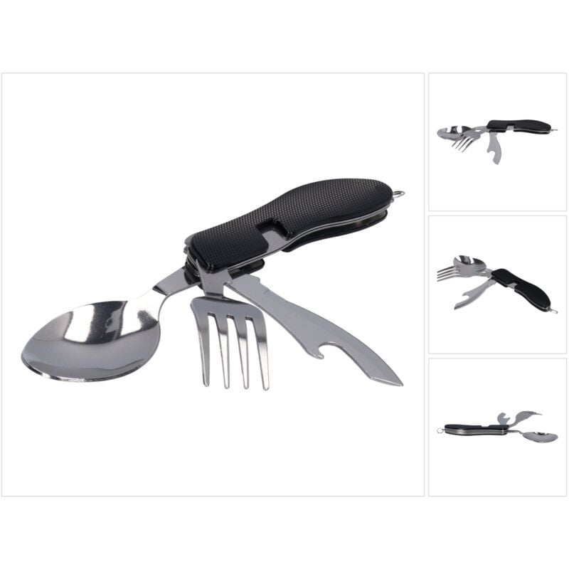 Image of Toolbrothers 4 in 1 Multifunzione - Set di posate in nero con cucchiaio, coltello, forchetta, apribottiglie Attrezzatura da campeggio, pieghevole,