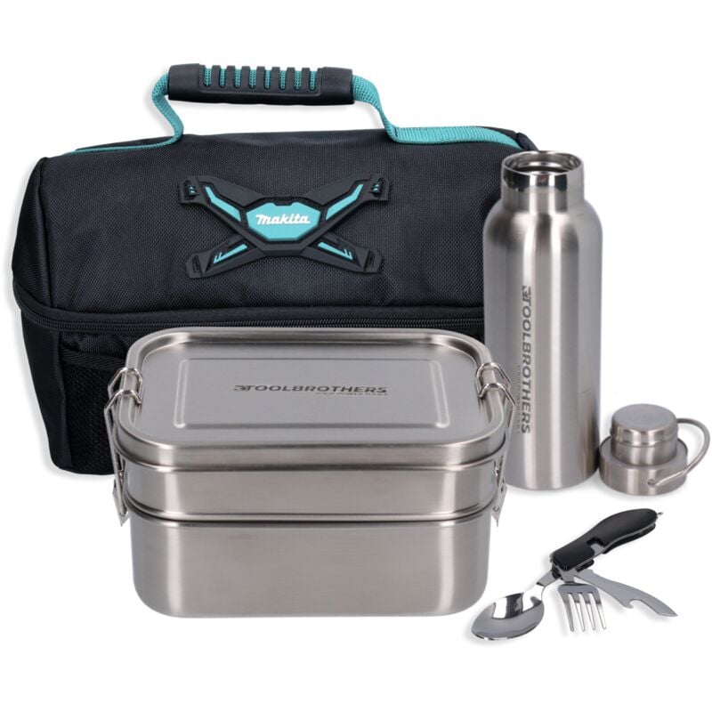 Toolbrothers - Fan Kit déjeuner dans un sac isotherme Makita avec boîte à pain en inox à 2 étages et couvercle en inox 1340 ml + gourde en inox 500
